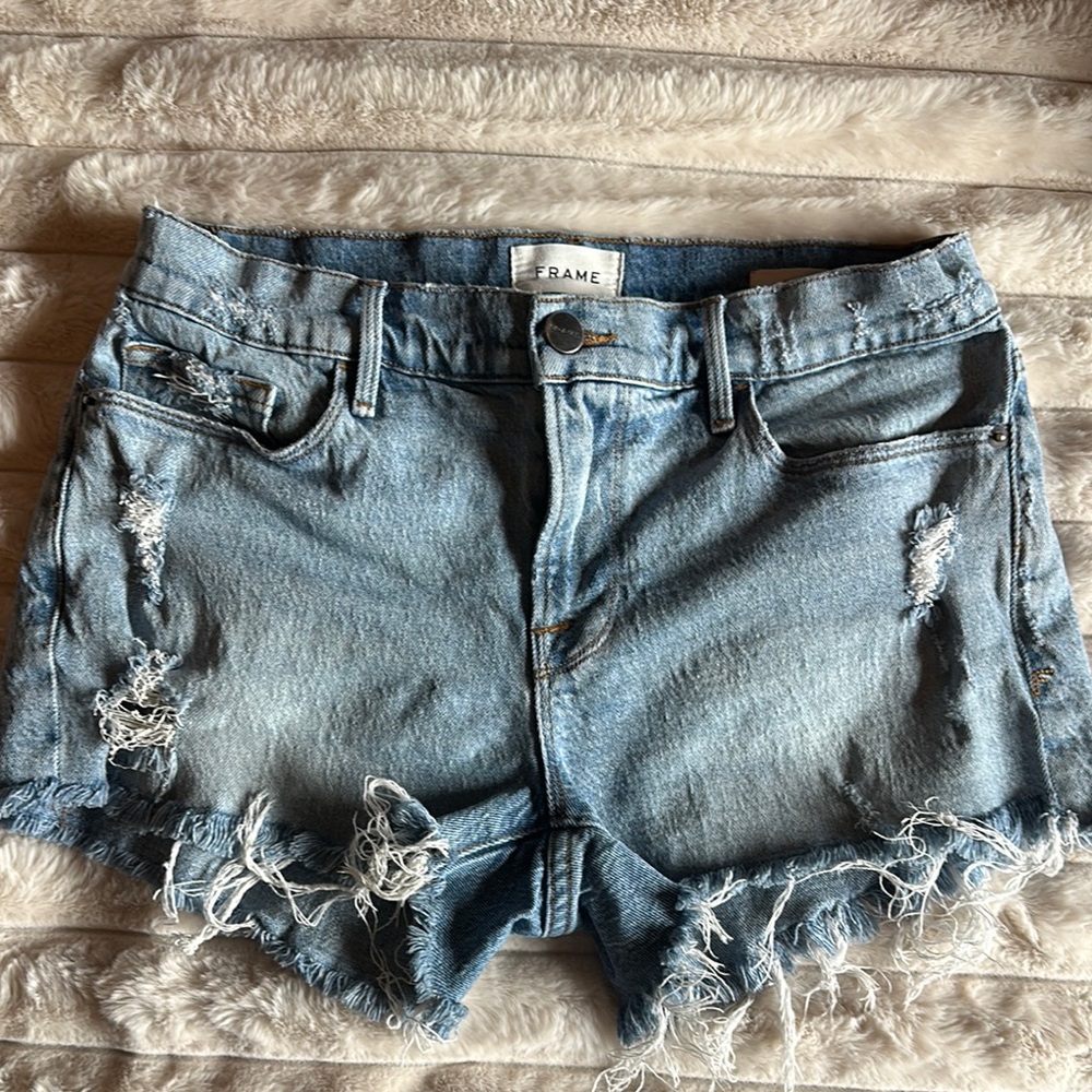 Frame Denim Blue Distressed Jean Shorts